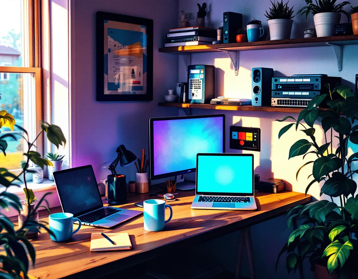 A tidy small-office IT bench with laptops, a labeled network switch, and morning light