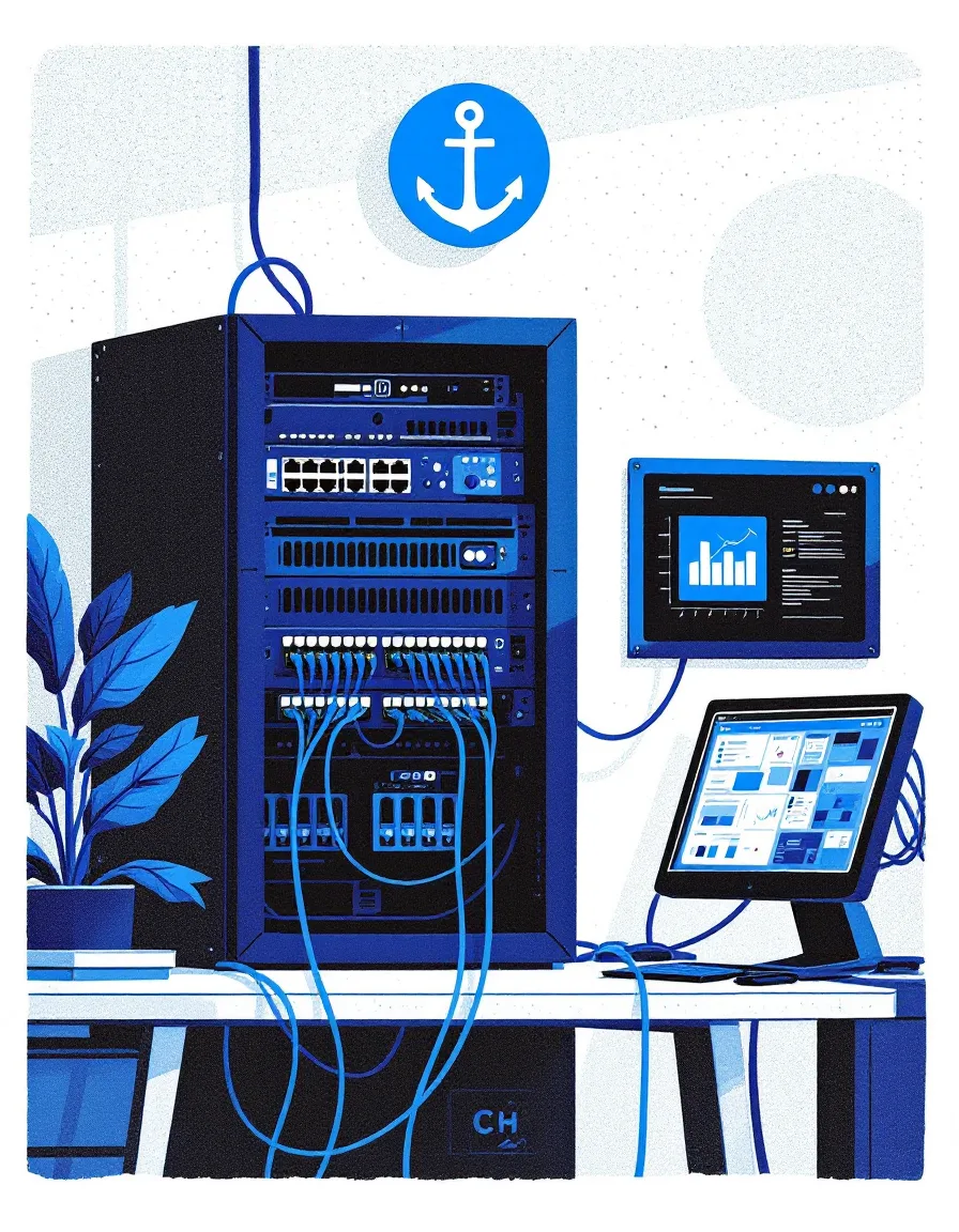 Illustration of a small-office server rack and monitoring dashboard
